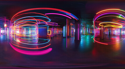 Fototapeta premium 360 degree panorama view.A 3D image showing colorful neon lines.