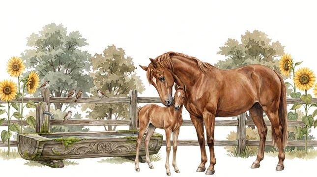 Watercolor Horse Foal Seamless Border Pattern Horizontal Farm Sanctuary Mare Rustic Farmhouse Nursery Wallpaper Banner Country Equestrian Animals Baby Room Wall Decal Background Fabric Ribbon Trim