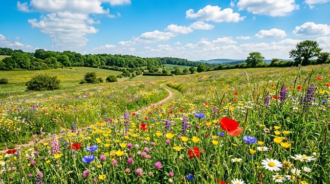 Serene Meadow of Wildflowers Under Clear Blue Sky.