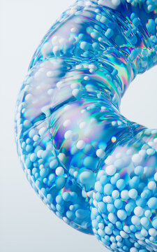 Blue particles in the inflatable soft balloon, 3d rendering.