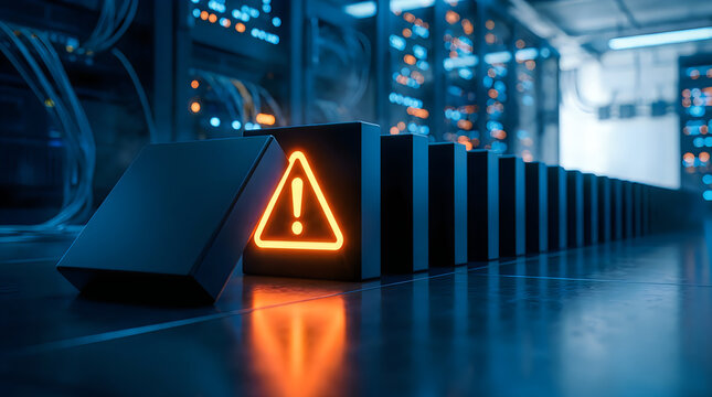 Domino effect of server failure in a data center with a glowing warning sign on a falling block