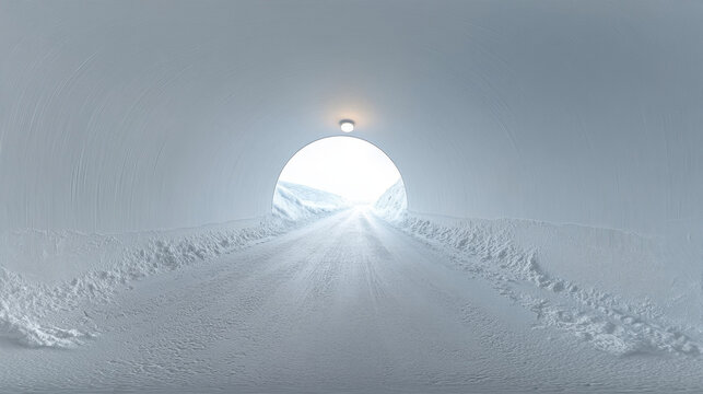360 degree panorama view.A bright light shines at the end of a white tunnel.  (3D image)
