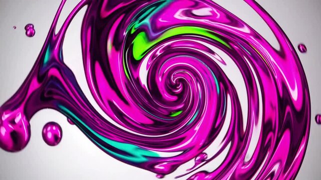 Vivid Swirl Artistry. Colorful Vortex With Shiny Accents. Abstract Swirl With Glossy Tones And Metallic Highlights. Bright Magenta And Green Spiral Art With Reflective Chrome Details