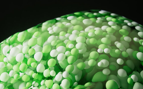 Green particles in the inflatable soft balloon, 3d rendering.