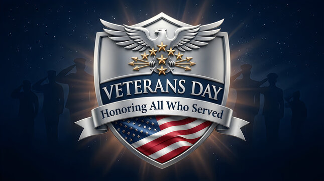 Veterans day memorial graphic featuring a metallic shield emblem with american flag elements and patriotic text on dark background
