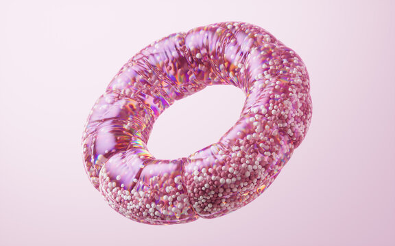 Pink particles in the inflatable soft balloon, 3d rendering.