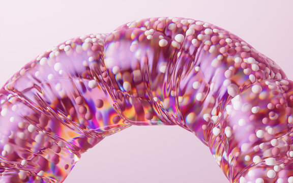 Pink particles in the inflatable soft balloon, 3d rendering.
