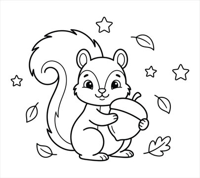 Cute cartoon squirrel holding an acorn surrounded by leaves and stars