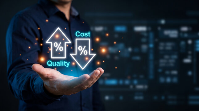 Businessman showing cost with a downward arrow and quality with an upward arrow, representing budget control, project management, cost reduction, product improvement, and service excellence.