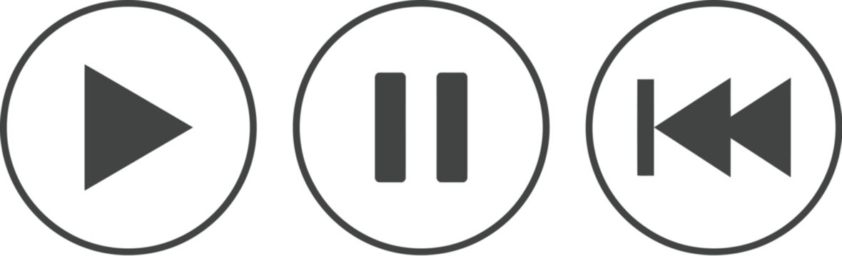 Set of play pause and rewind media player control icons isolated on a white background
