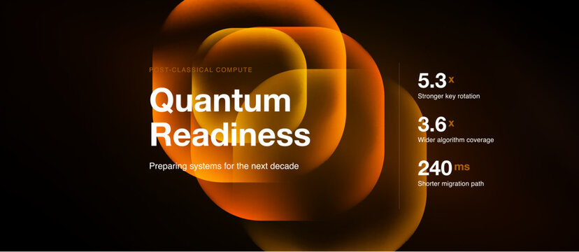 Abstract orange design promotes quantum readiness. Metrics highlight improved rotation, coverage, migration speed for future systems.