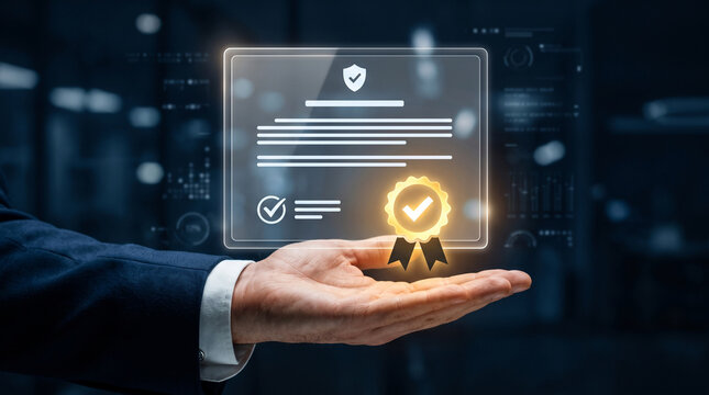 Quality management concept with a manager overseeing QA, QC, standardization, certification, and continuous improvement, representing regulatory compliance, business standards, and operational excelle