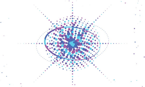 Abstract digital explosion of blue and purple dots in a radial pattern against a white background