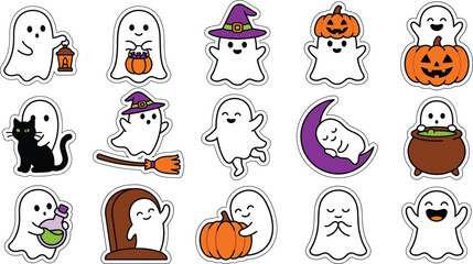 Fototapeta premium Collection of adorable cartoon ghosts and halloween elements in a playful arrangement