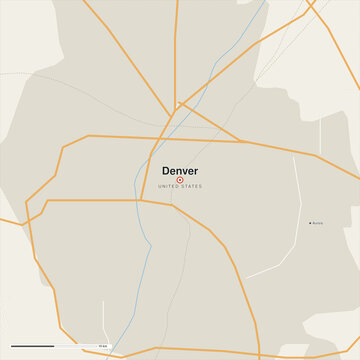 Denver, United States - Detailed city map with urban area, main roads, railways, rivers, airports and surrounding towns. Vector illustration.