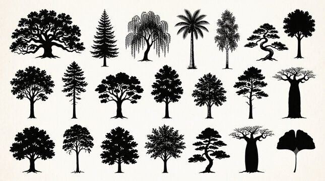 Architectural Tree Silhouettes and Botanical Line Art Vector Collection