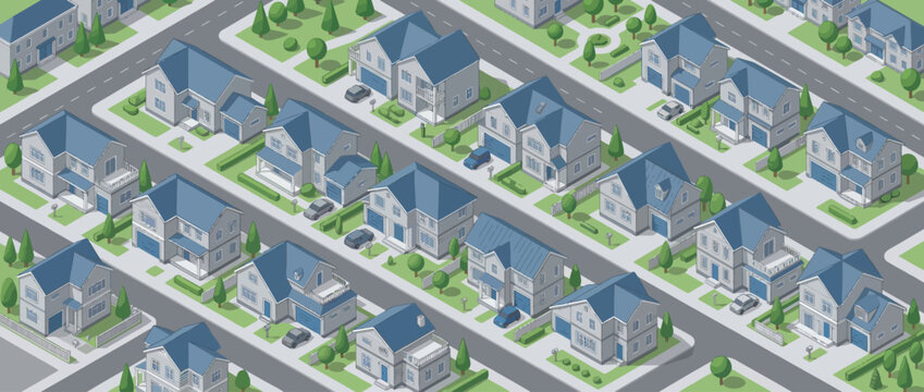 Isometric suburban neighborhood with identical houses and streets, residential area vector map