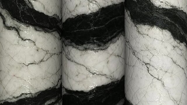 Contrasting Natural Panda White Marble Columns Turning with Bold Dark Veins and Rich Stone Texture in a Modern Architectural Composition for Luxury Interior Design