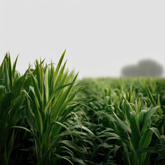 Obraz premium Tall green corn stalks in lush field under cloudy sky, vibrant and fresh, evoke peaceful rural landscape