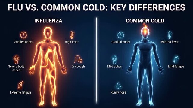 Medical infographic comparing influenza and common cold symptoms with human body silhouettes