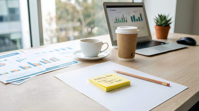 Modern office desk with laptop displaying business charts, a cup of coffee, a notebook with a todo list, and a small potted plant