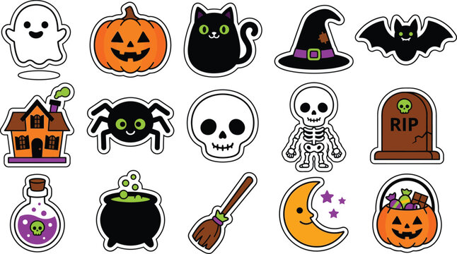 Collection of whimsical halloween icons and illustrations in a playful hand drawn style