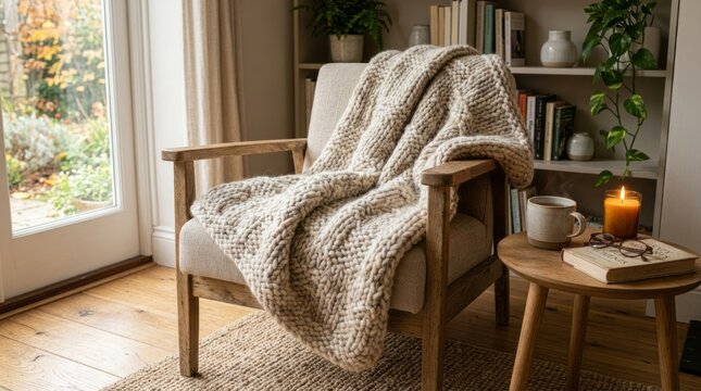 Cozy Living Room with Soft Blanket and Warm Lighting.
