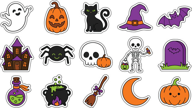 Colorful halloween icons and illustrations set featuring ghosts pumpkins and spooky elements