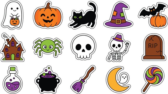 Collection of charming halloween illustrations featuring ghosts pumpkins and spooky elements