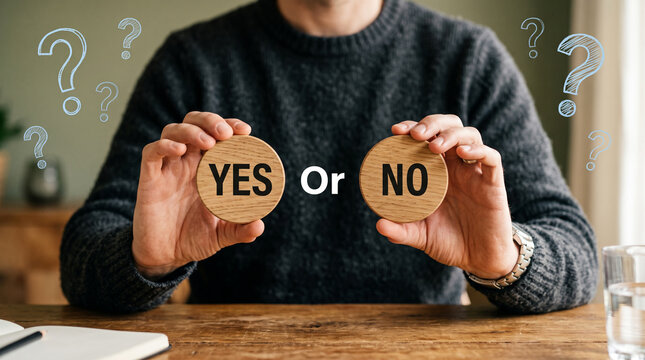 Man holding wooden yes or no signs with a question mark, representing business decision making, difficult choices, uncertainty, problem solving, strategy, evaluation, and decision making.