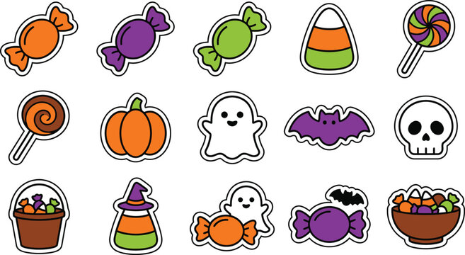 Colorful halloween icons set including candy pumpkin ghost and skull illustrations