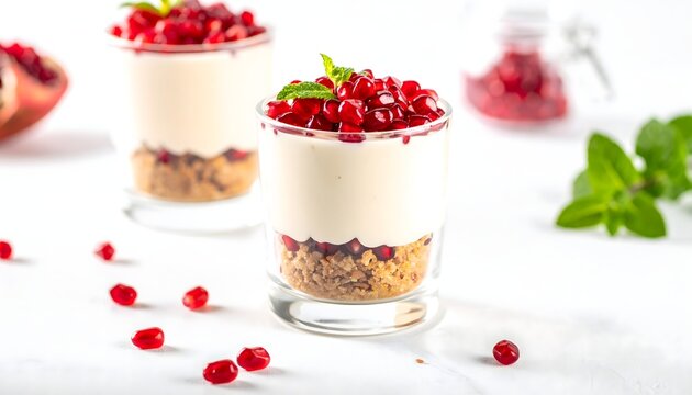 Postres en vaso con granola, crema blanca y semillas de granada