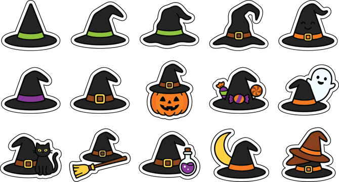 Collection of colorful watercolor witch hats for halloween designs and spooky celebrations