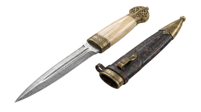 Vintage ceremonial dagger with ornate brass hilt and ivory handle, antique steel dirk with decorative leather scabbard, historical military sidearm