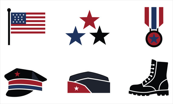 United states military icons including flag stars medals boots and hats