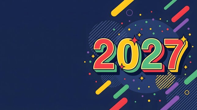 Modern abstract Happy New Year 2027 background with bold colorful numbers and geometric confetti slashes on dark blue backdrop.