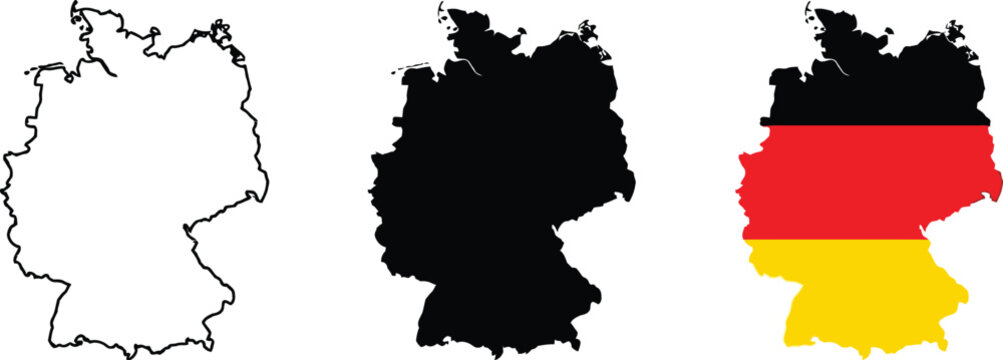 Set of germany map outline silhouette and flag shape isolated on white background