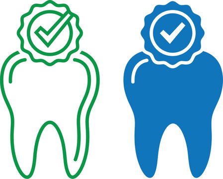 Green and blue dental tooth icons with check mark quality seal isolated on white background