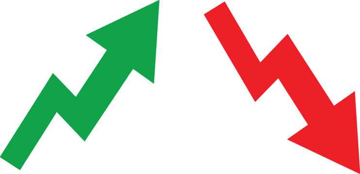 Green upward trend arrow and red downward trend arrow icon isolated on a white background