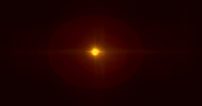 Slow motion of lens flare isolated on black background. Anamorphic lens. Cinematic glowing light overlay with optical streaks and rays for VFX compositing and transitions.