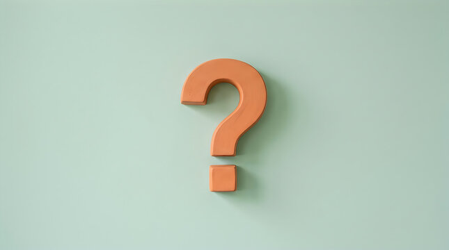 A 3d rendered orange question mark symbol centered on a soft pastel green background, representing curiosity, uncertainty, or a query concept