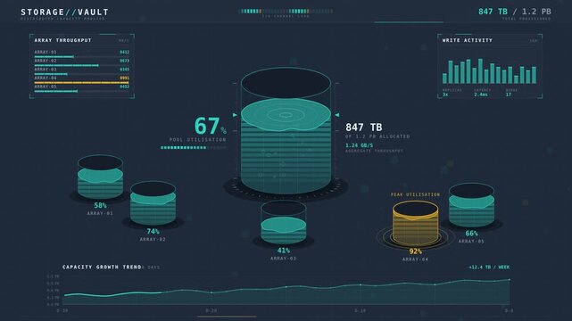 Digital cloud storage capacity dashboard displaying data analytics on screen