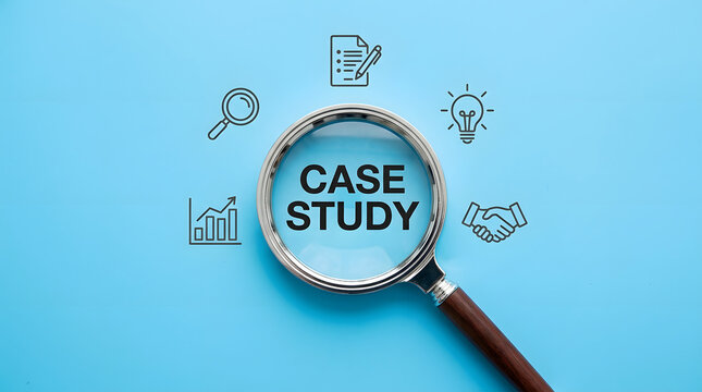 A magnifying glass placed over the words case study on a blue background surrounded by various business related icon sketches