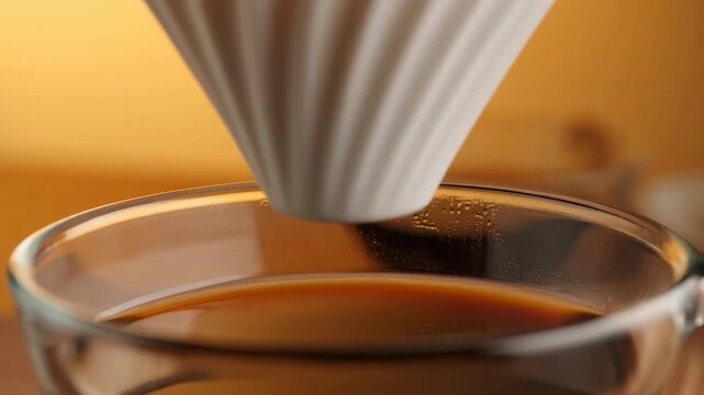 Dark coffee drips from white ribbed pour-over dripper into clear glass cup, forming ripples on glossy brown surface under warm amber light in tight close-up composition