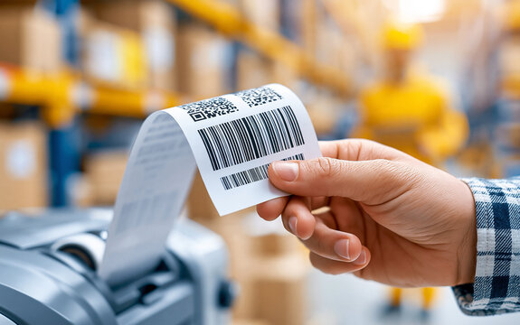 Faceless hand holding printed receipt with QR code emerging from thermal printer in warehouse, barcode printing concept, logistics photography, blurred warehouse background