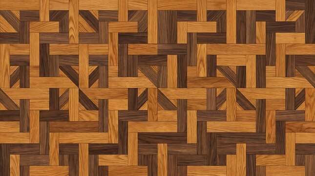 Intricate basket weave wooden flooring pattern featuring high contrast light oak and dark walnut planks arranged in a decorative geometric mosaic for modern interior design surfaces.