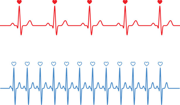 Red and blue heart rate monitor ekg pulse lines with heart symbols on a white background