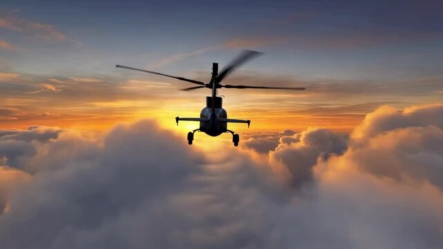 Helicopter flies above cloud layer toward sunset horizon, scenic aviation, premium air travel, executive transfer, remote route planning, rescue access, cloud transport, and aerial tourism marketing.