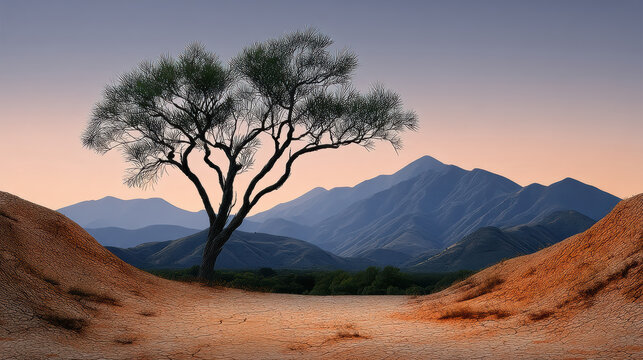 Lone broom tree stands on cracked earth with mountain range at sunrise, tranquil and serene landscape scene