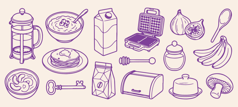 breakfast waffle maker milk bread line art, hand drawn electric waffle iron sketch, milk carton cereal bowl spoon illustration, fresh bread box honey dipper doodle graphics, cozy kitchen morning bakin